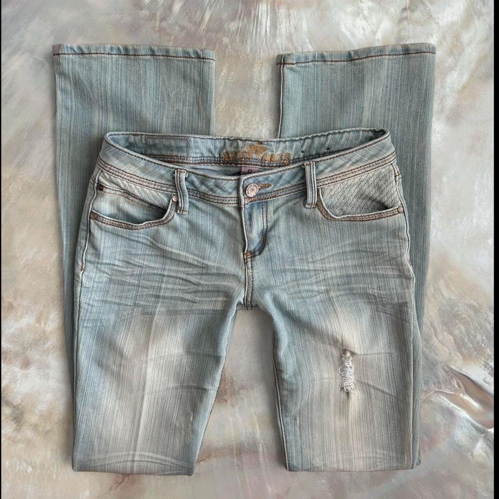 Almost Famous Flared Denim Low Rise Jeans Studded Y2K Boho Blue Size 9